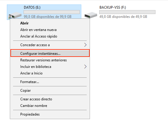 Configurar instantáneas en Windows Server