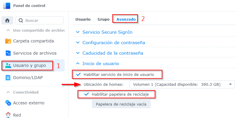 Configurar carpetas personales en Synology