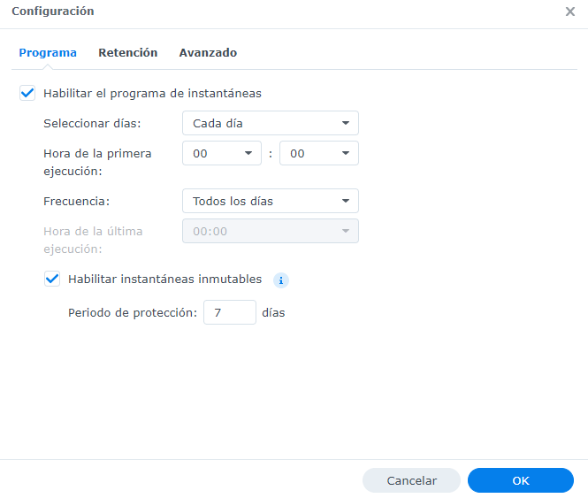 Programacion instantaneas en nas Synology