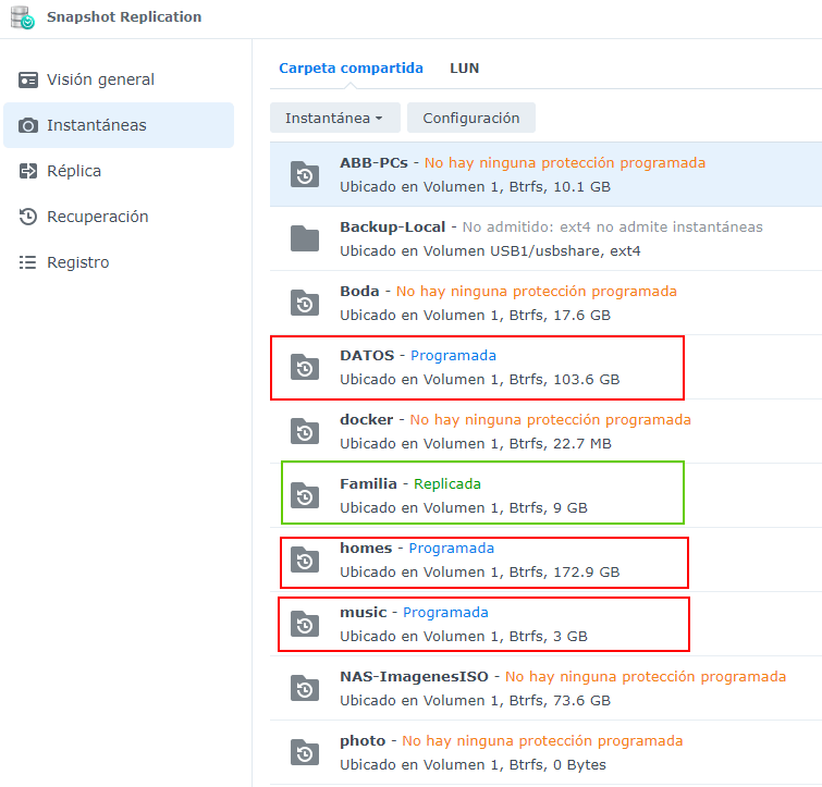 Configurar instantaneas en NAS Synology