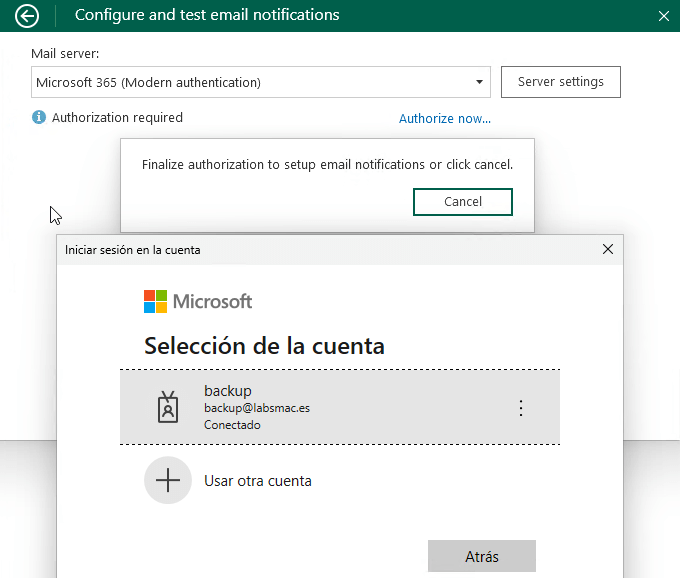 Configurar notificaciones de correo en Veeam Agent for Microsoft Windows con Outlook