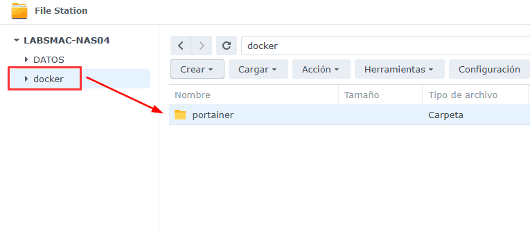 crear carpeta portainer en NAS Synology