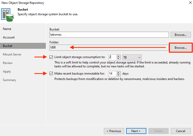 Configuración de inmutabilidad en bucket S3 compatible con Veeam Backup Replication
