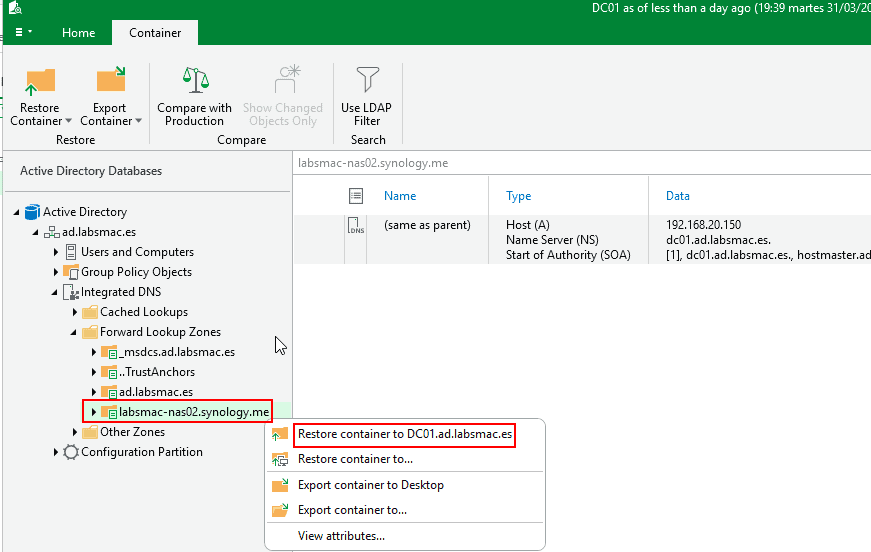 restaurar registros dns con veeam backup
