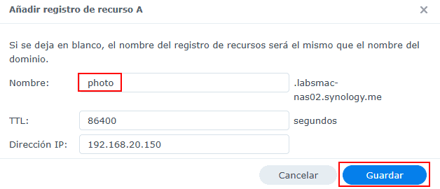 Crear registro dns para ddns de synology photo