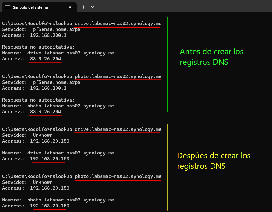 Pantalla de comandos para configurar registros DNS en Synology.