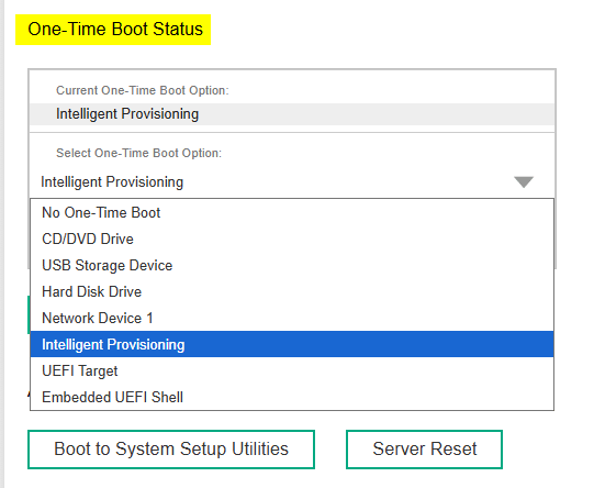 que es el one time boot de ilo servidor proliant hpe