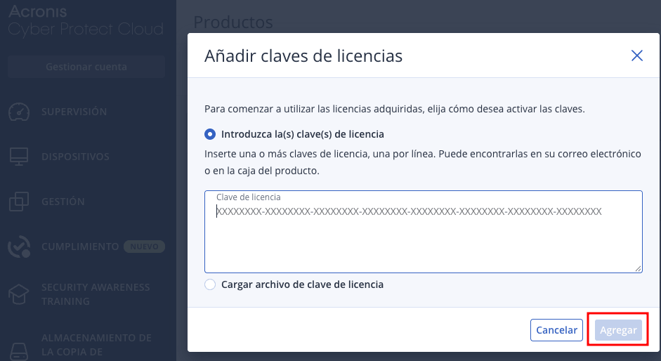 Activar clave licencia Acronis Cyber Protect
