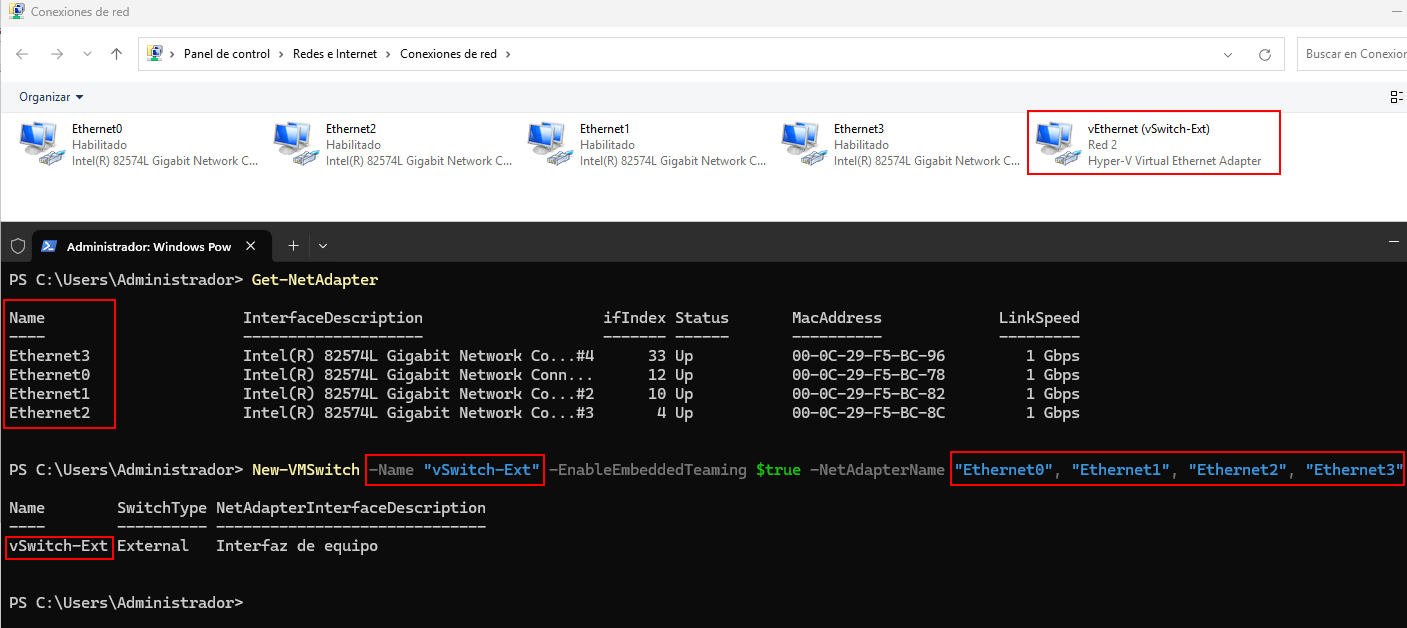 crear nic teaming con set en hyper-v para windows server